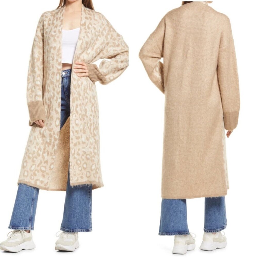 NWT TOPSHOP Leopard Maxi Cardigan Sweater Duster Open Front Cream\Tan SM